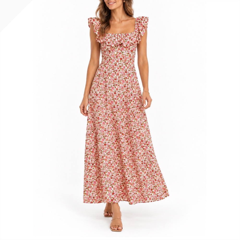 o.p.t Floral Maxi Dress Medium Pink Red Ruffle Fit Flare Garden Party Feminine